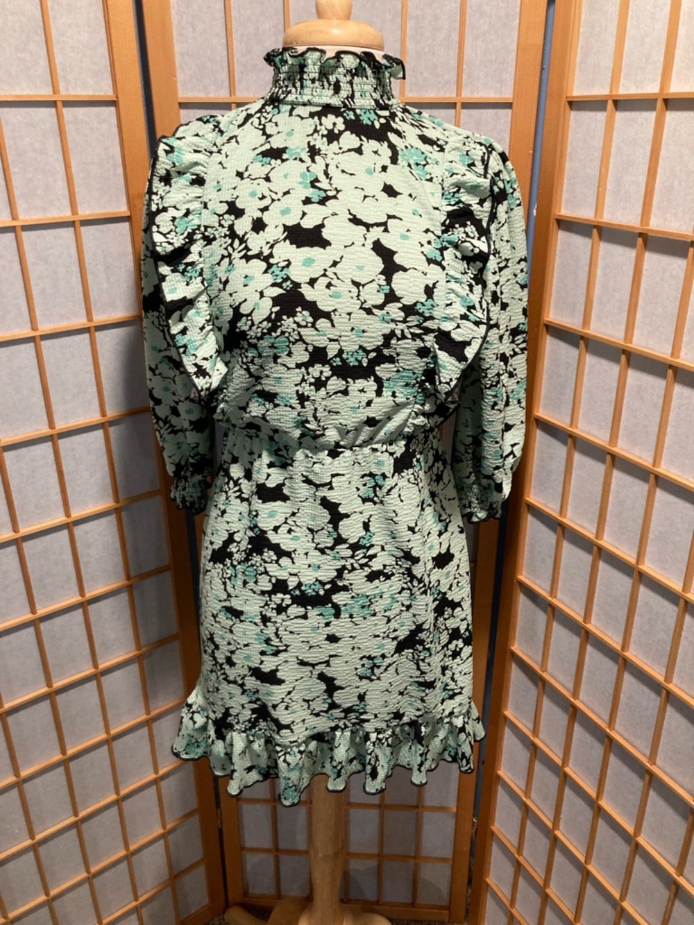 Mint Floral Ruffle-Trim Turtle Neck Sleeve Dress (R42)